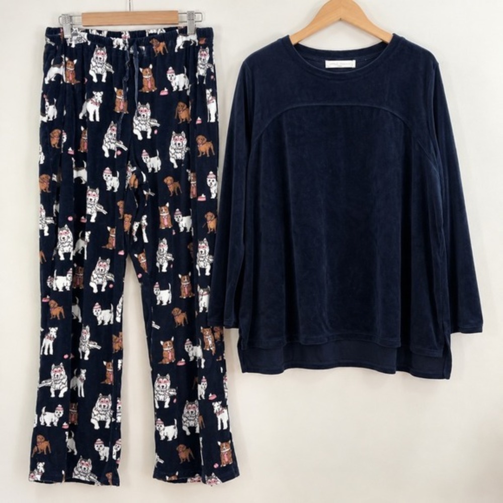 Carole Hochman Cozies Dog Print Pajama Set Women L Navy Fleece Loungewear